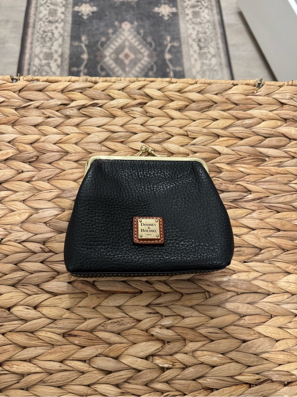 Dooney & Bourke Black Pebbled Leather Kiss-Lock Coin Purse with Gold Hardware